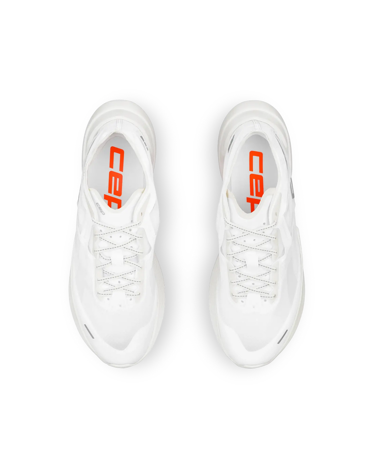 Pair of men's CEP Pro Run Optaspeed shoes in White, top view.