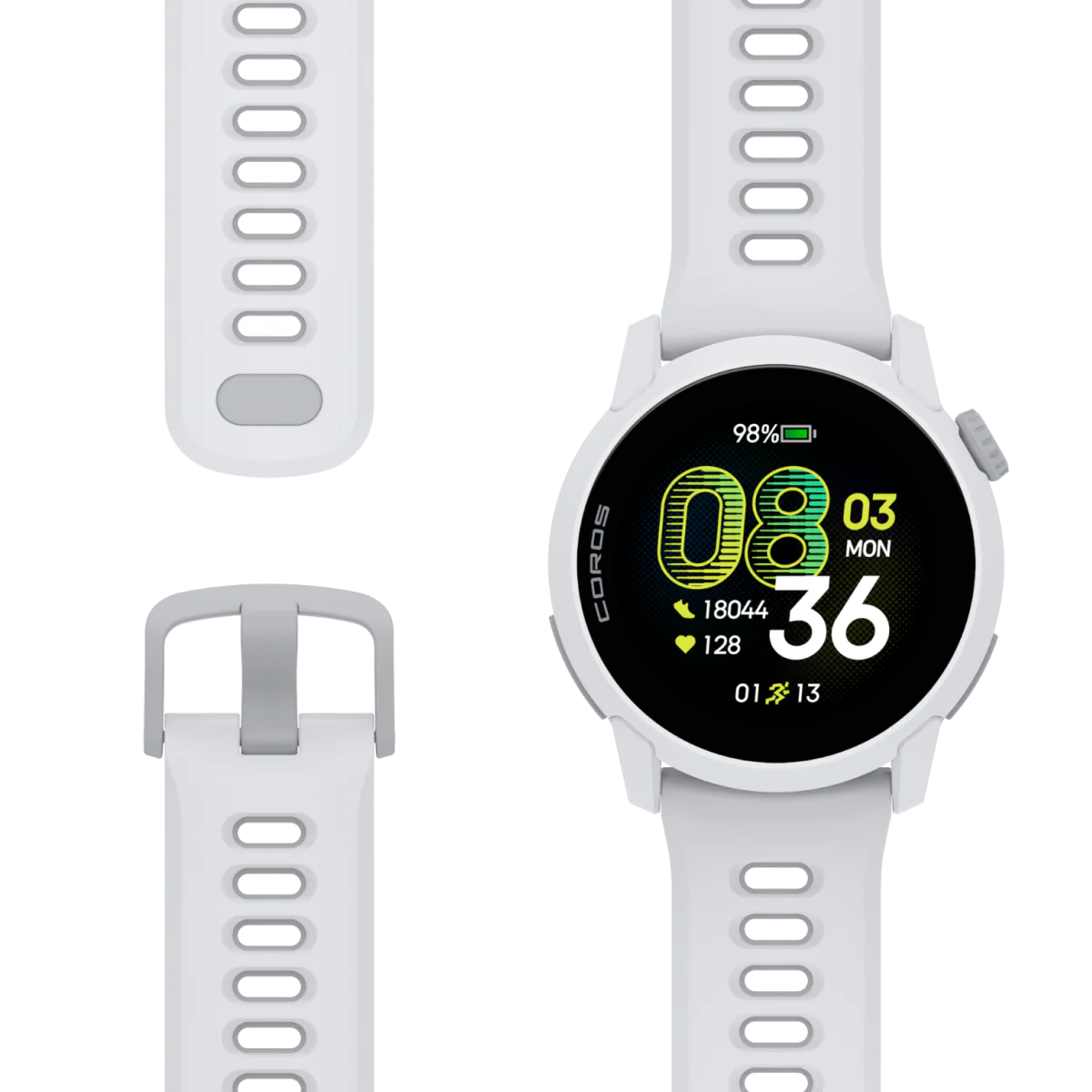 COROS PACE 4 GPS sports watch in White with silicone band detail view