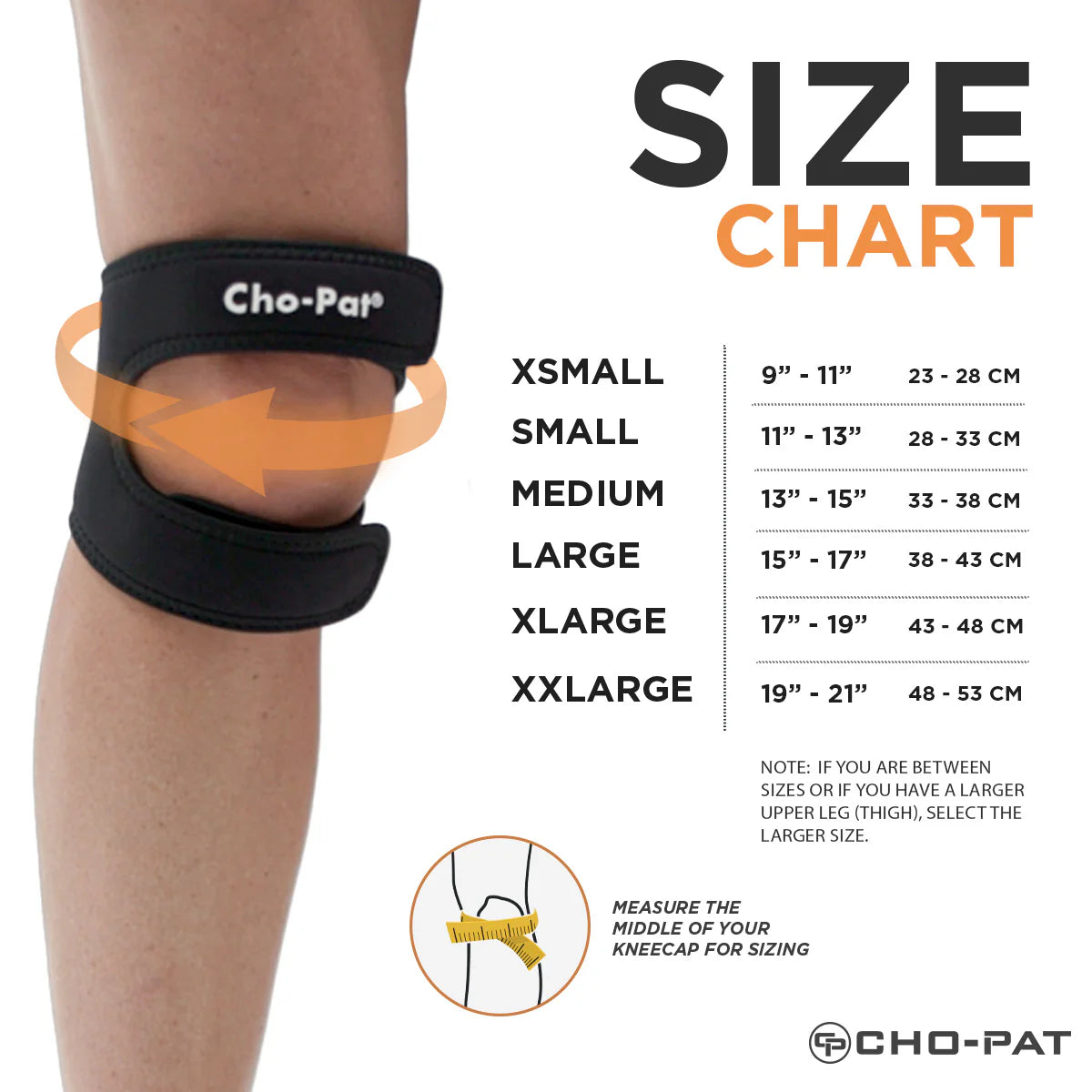 Cho-Pat Dual Action Knee Strap. Black. Size chart.