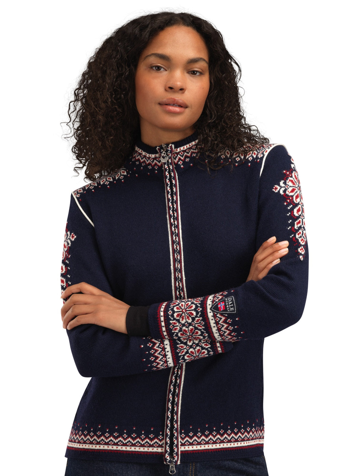 Dale of Norway 140th Anniversary Jacket, women’s, Navy/Red Rose/Off White – front on model
