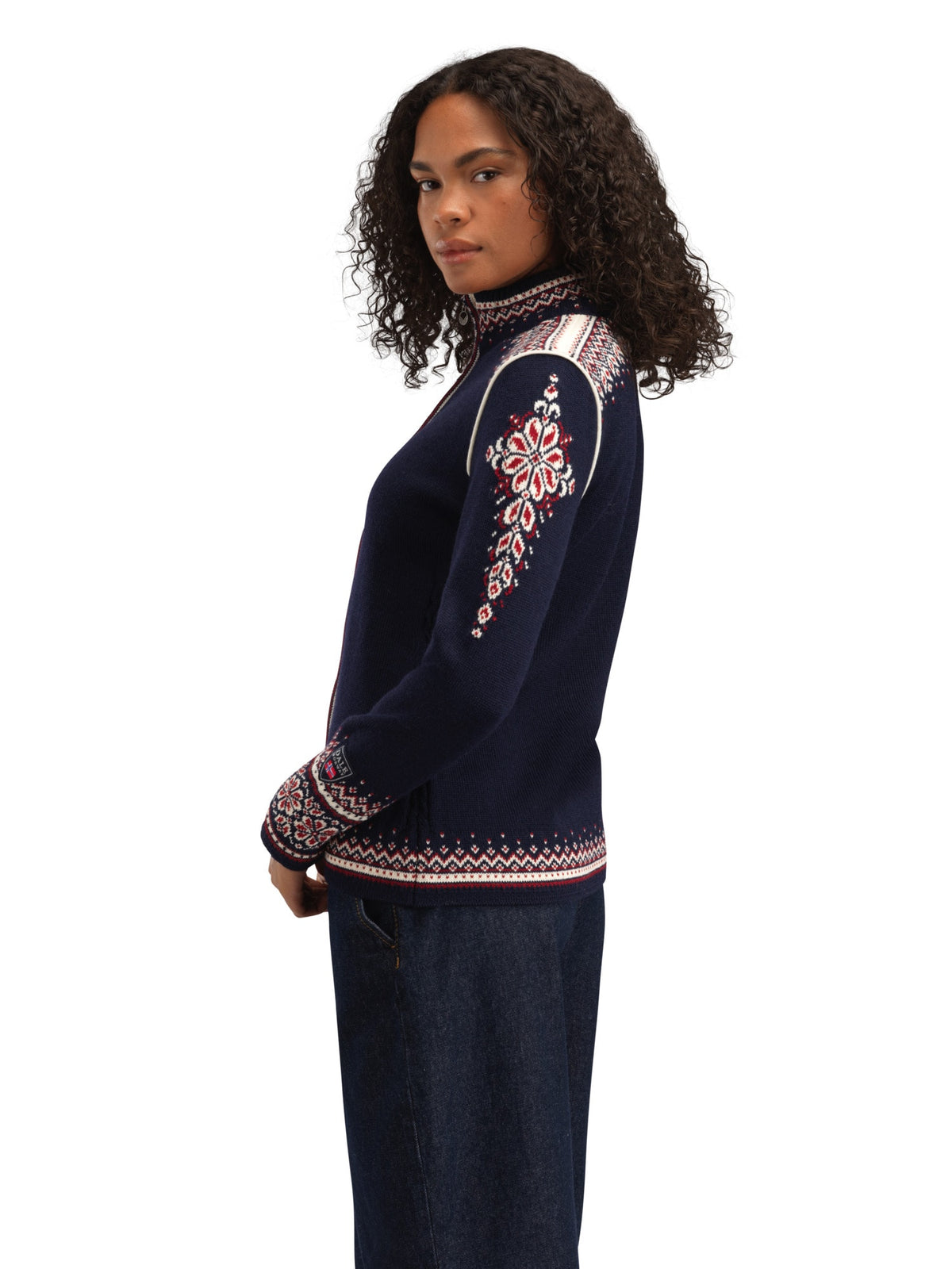 Dale of Norway 140th Anniversary Jacket, women’s, Navy/Red Rose/Off White – side on model