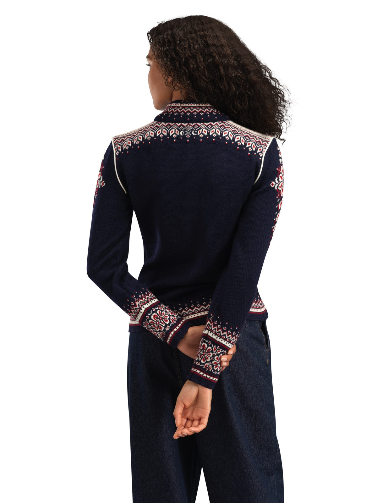 Dale of Norway 140th Anniversary Jacket, women’s, Navy/Red Rose/Off White – back on model