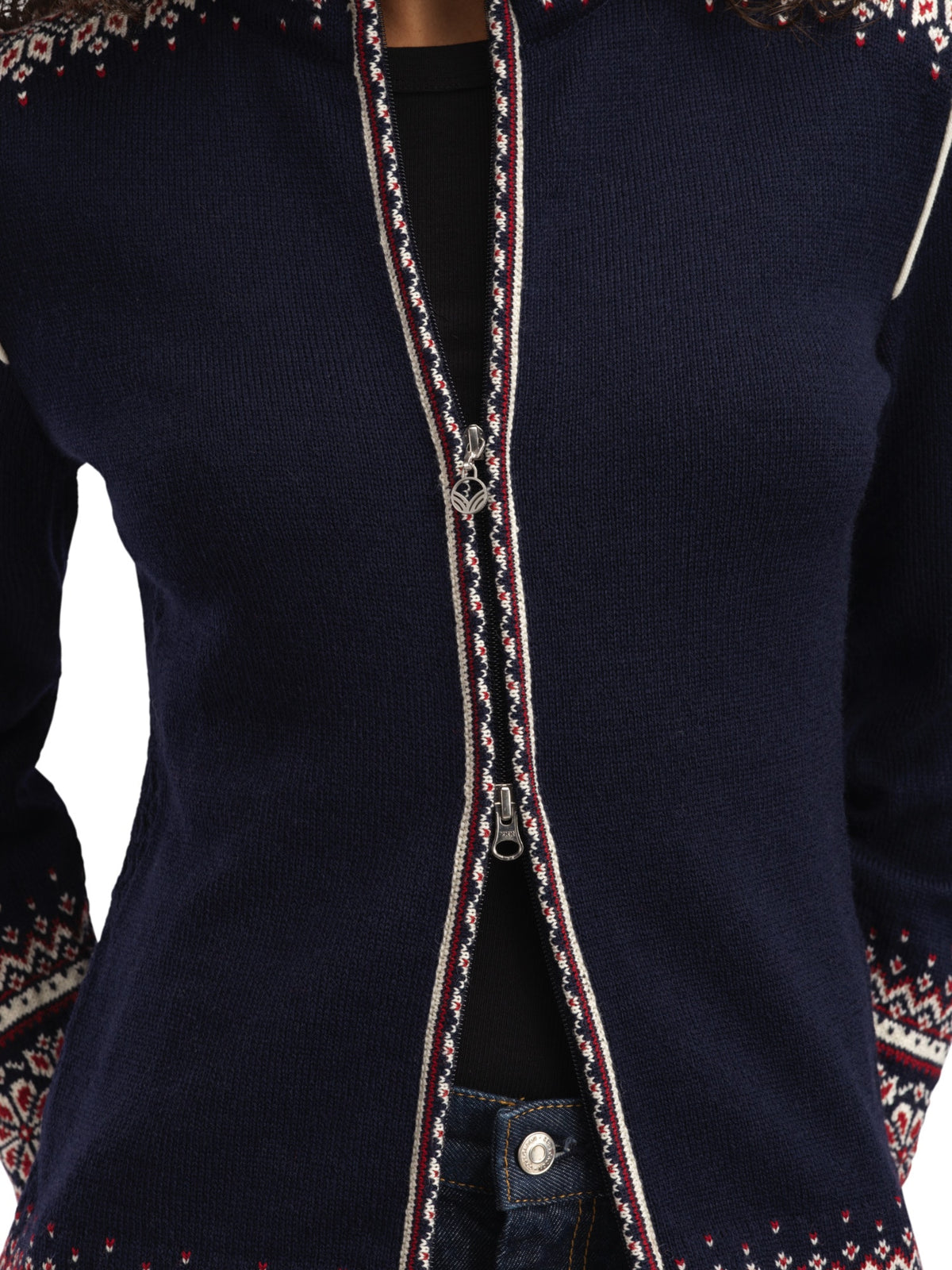 Dale of Norway 140th Anniversary Jacket, women’s, Navy/Red Rose/Off White – lower zipper detail
