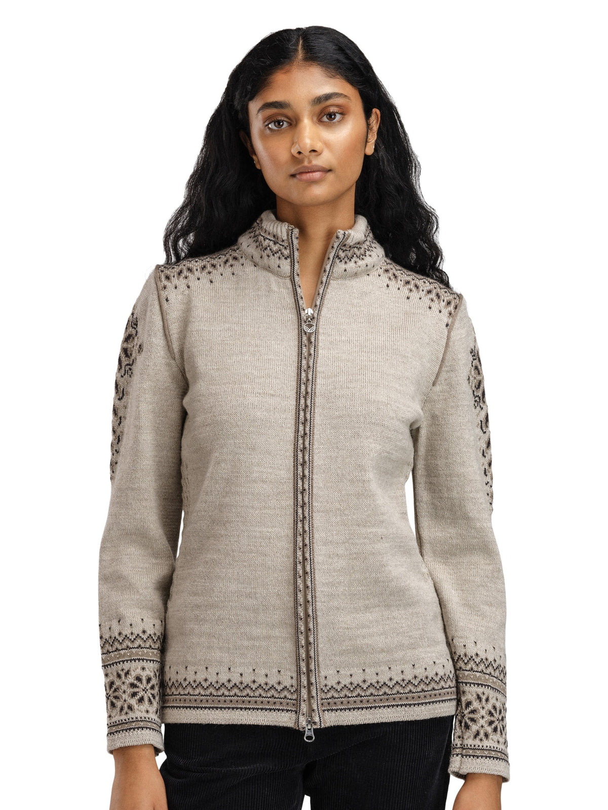 Dale of Norway 140th Anniversary Jacket, women’s, Sand/Coffee/Mountainstone – front on model
