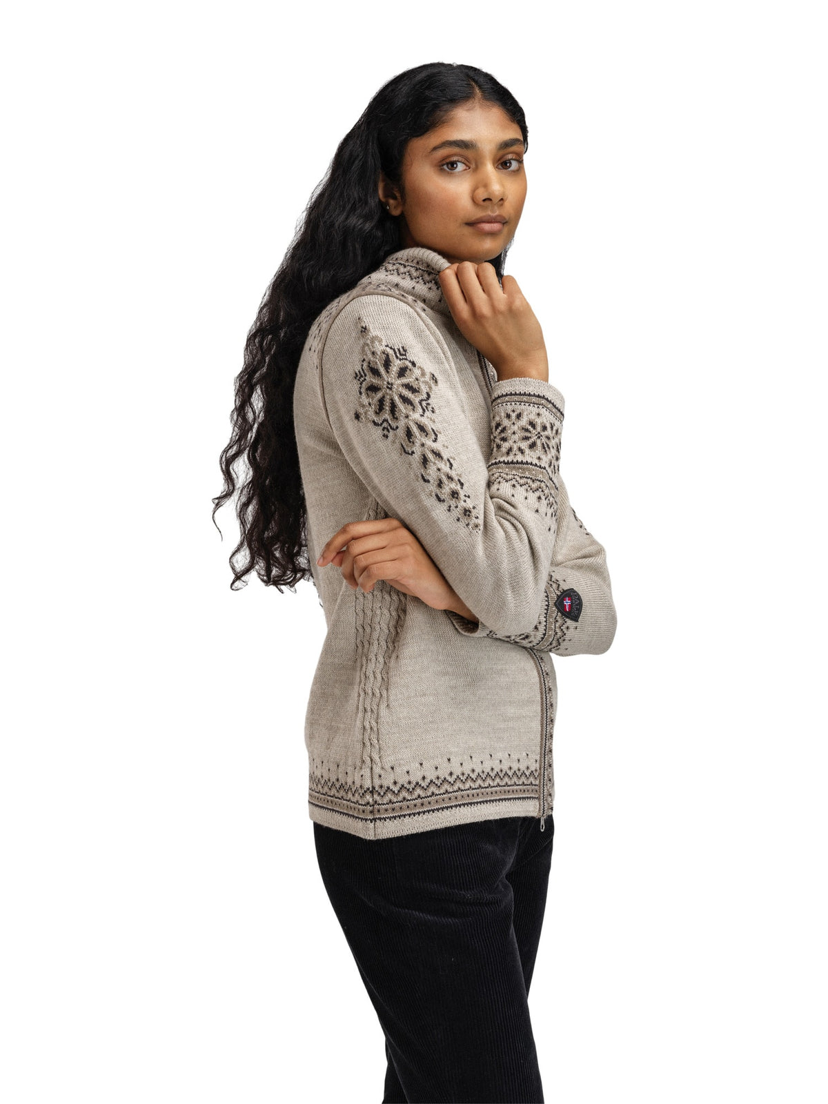 Dale of Norway 140th Anniversary Jacket, women’s, Sand/Coffee/Mountainstone – side on model