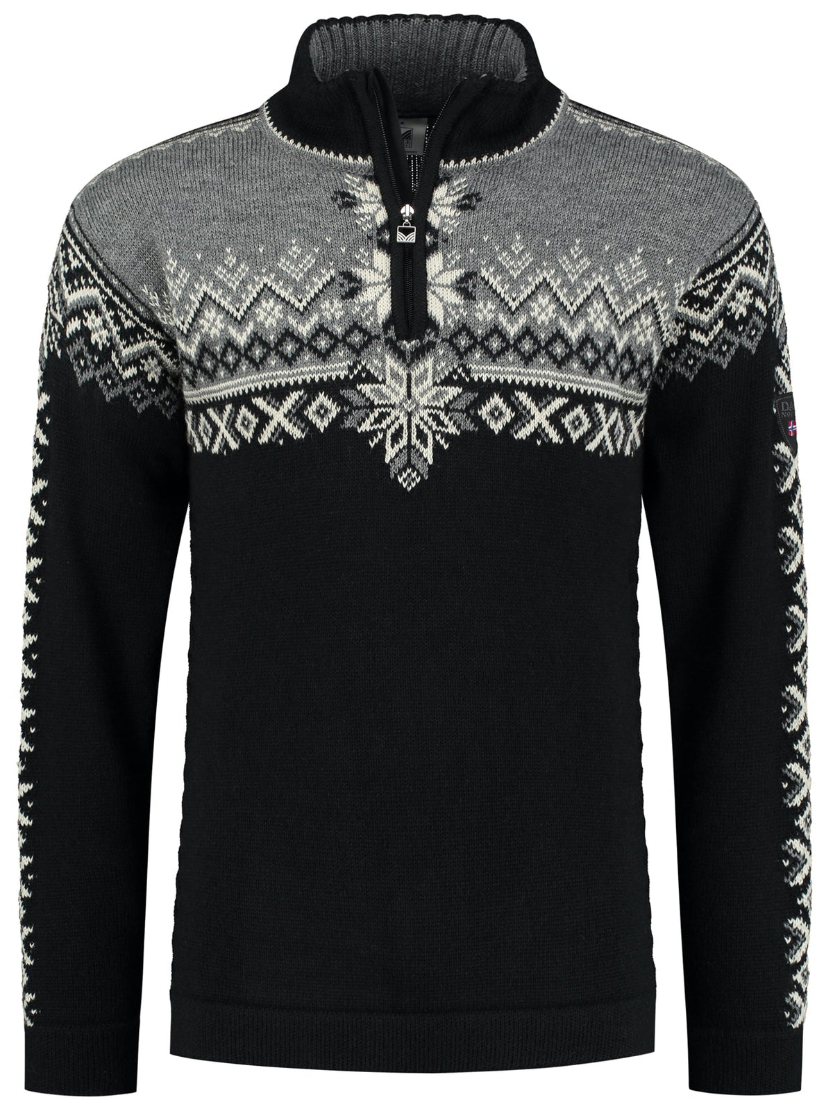 Dale of Norway 140th Anniversary men's sweater in Black Smoke Off White, front product view