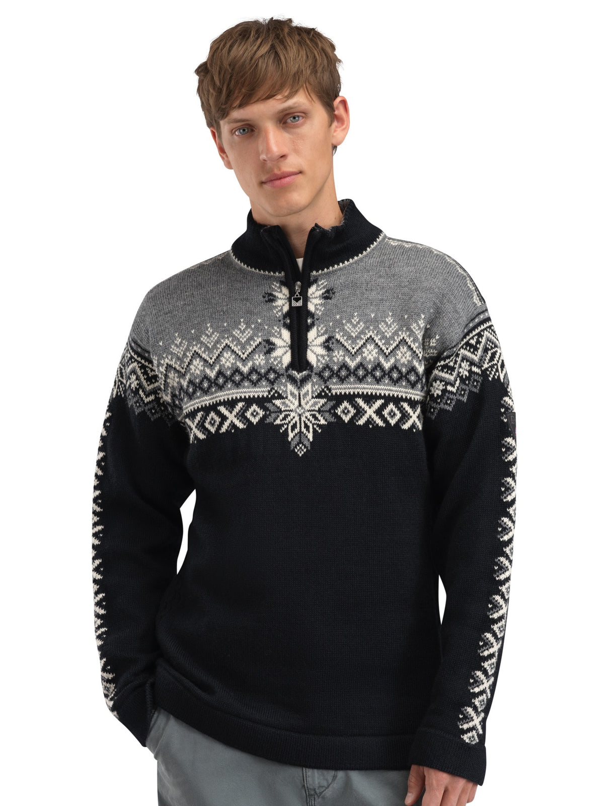 Dale of Norway 140th Anniversary Sweater, men’s, Black/Smoke/Off White – front on model