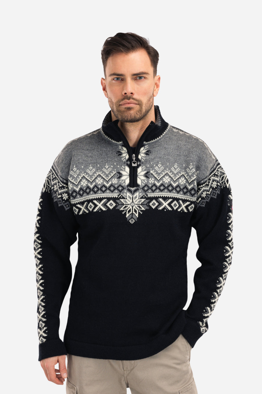 Dale of Norway 140th Anniversary men's sweater in Black Smoke Off White, modeled front view