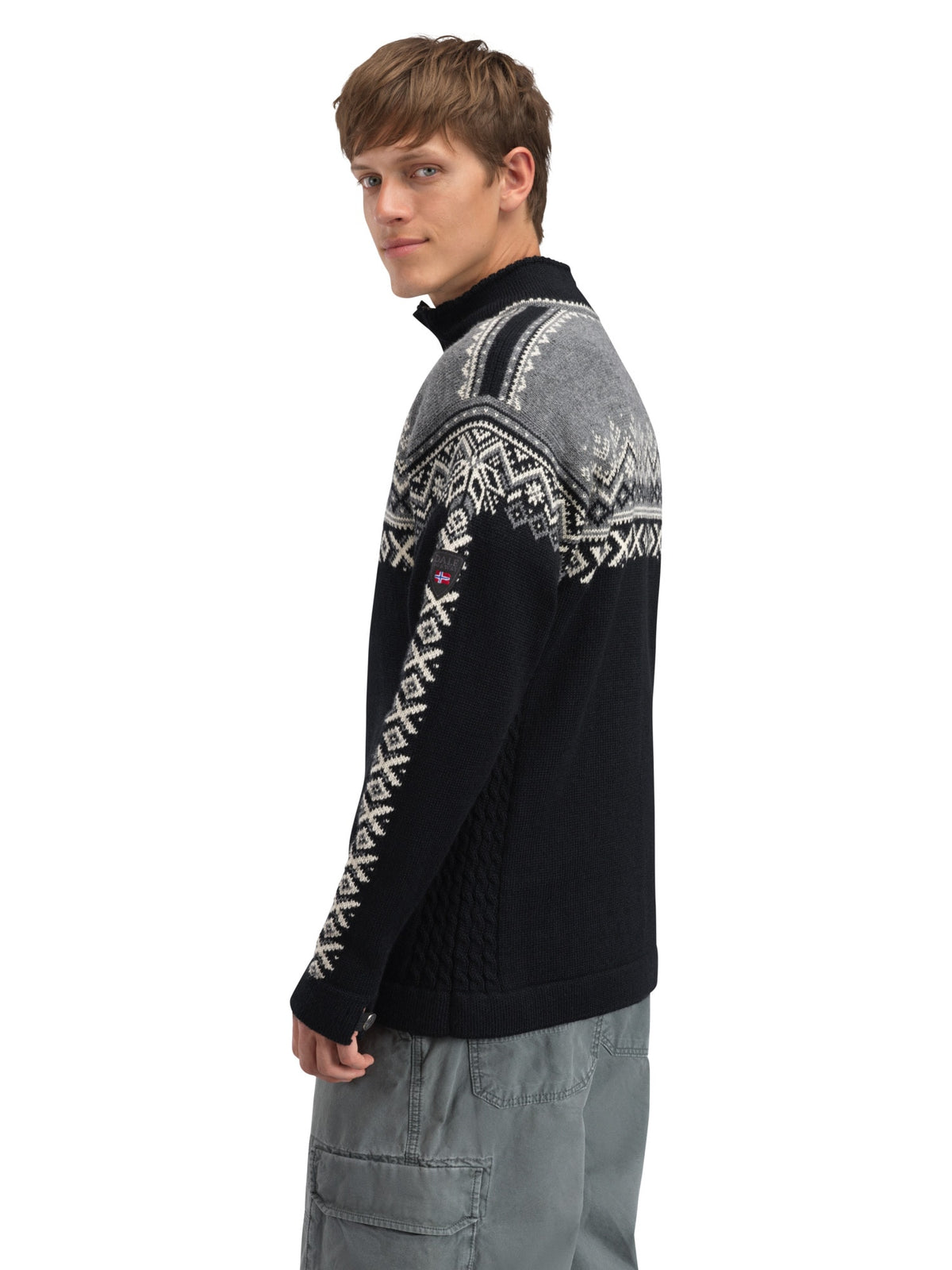 Dale of Norway 140th Anniversary Sweater, men’s, Black/Smoke/Off White – side on model