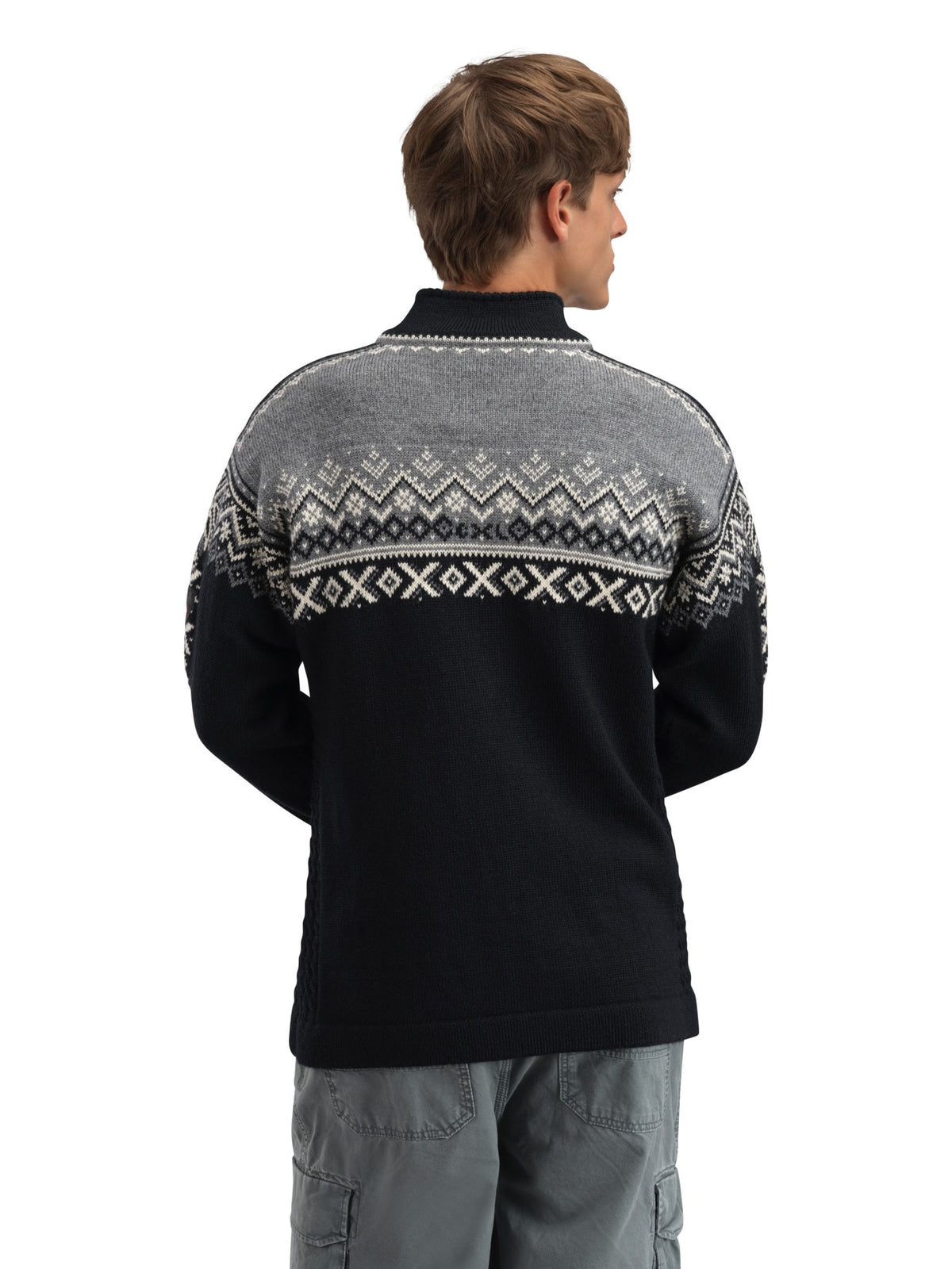 Dale of Norway 140th Anniversary Sweater, men’s, Black/Smoke/Off White – back with CXL anniversary detail