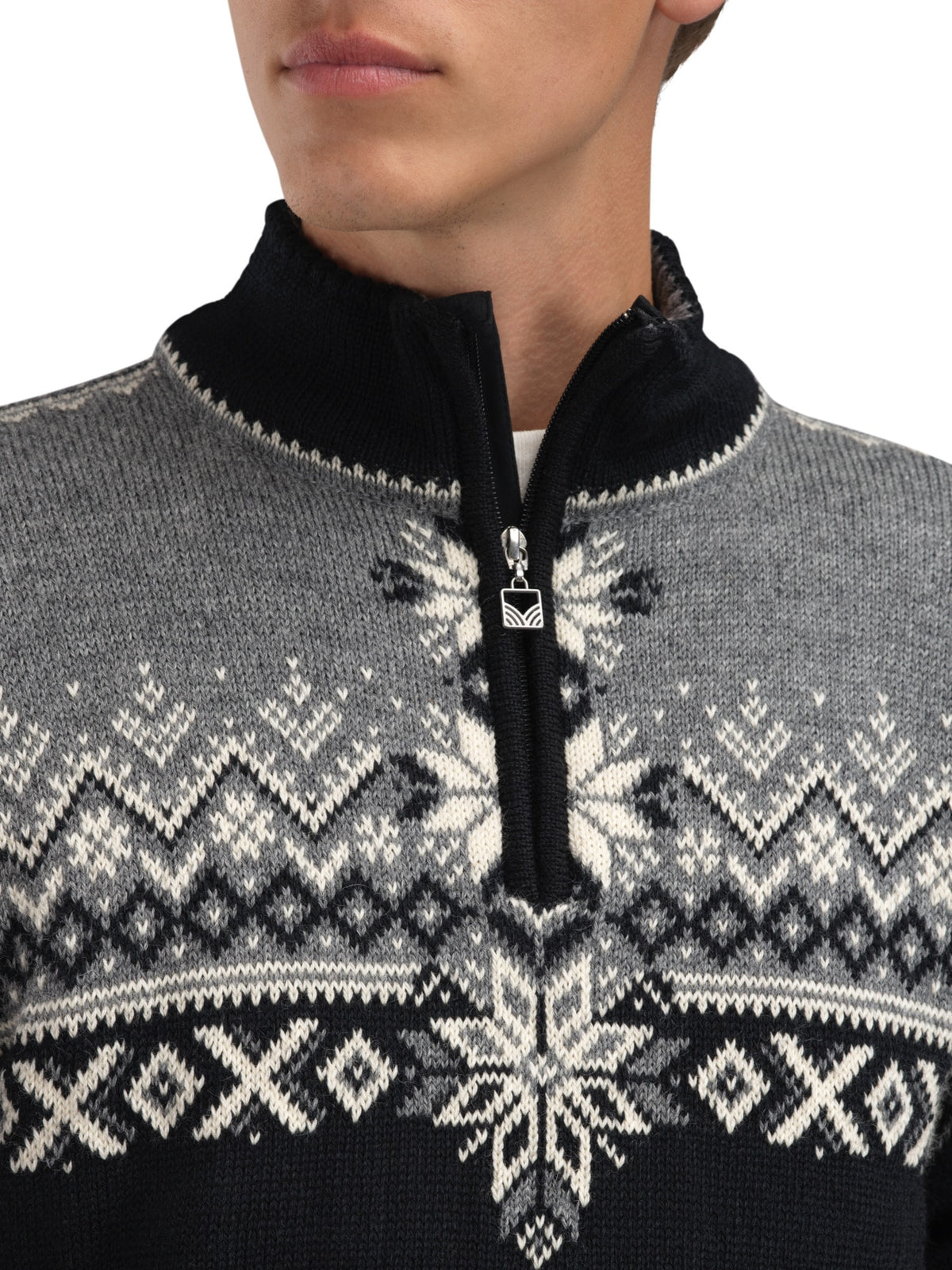 Dale of Norway 140th Anniversary Sweater, men’s, Black/Smoke/Off White – zip-neck and pattern detail
