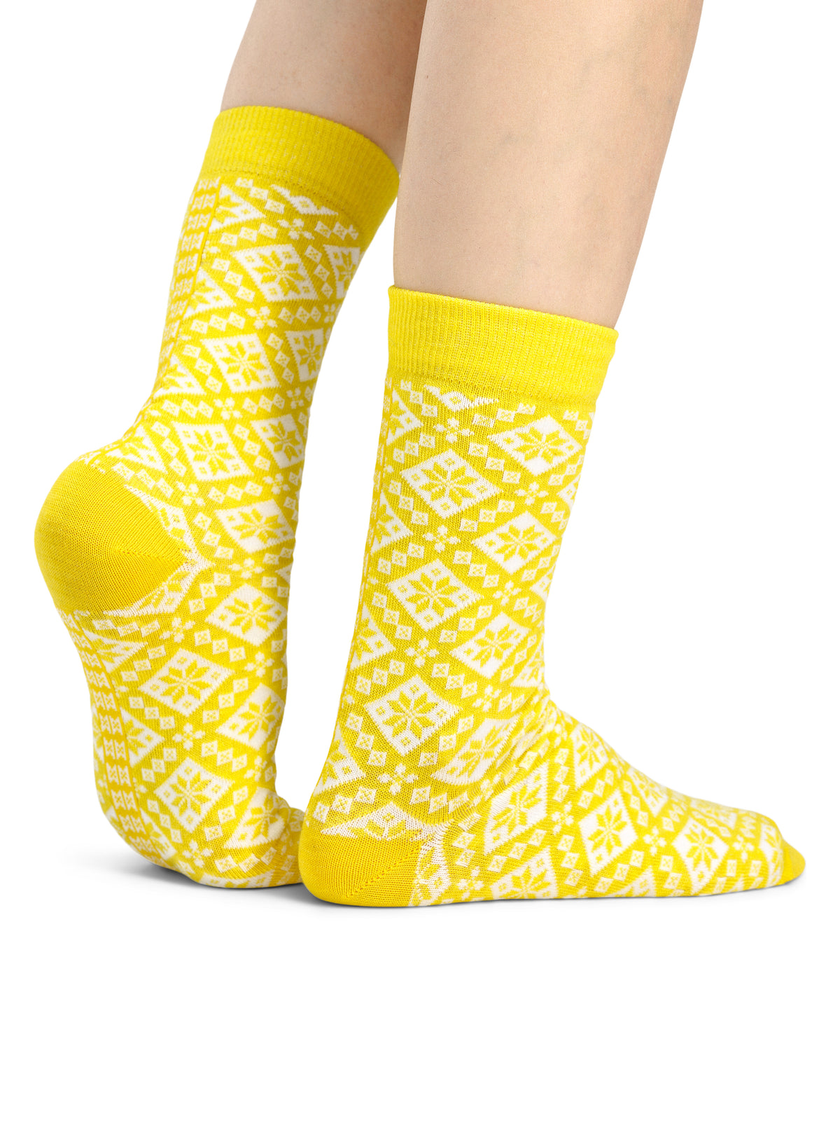 Bjoroy crew socks in Yellow/Mustard/Off White worn as a pair