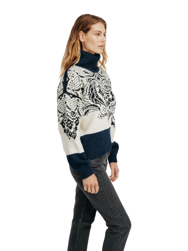 Dale of Norway Blomdalen Sweater, women’s, Off White/Black/Navy – side on model