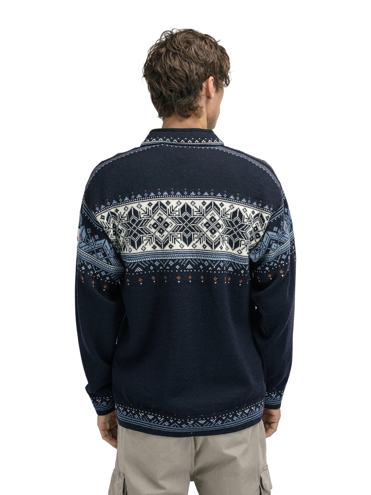 Dale of Norway Blyfjell Sweater, unisex, Navy/Off White/Blue Shadow – back on model