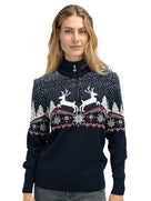 Dale of Norway Christmas Sweater, women’s, Navy/Off White/Raspberry – front on model