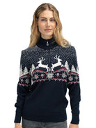 Dale of Norway Christmas Sweater, women’s, Navy/Off White/Raspberry – front on model