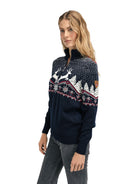Dale of Norway Christmas Sweater, women’s, Navy/Off White/Raspberry – side on model