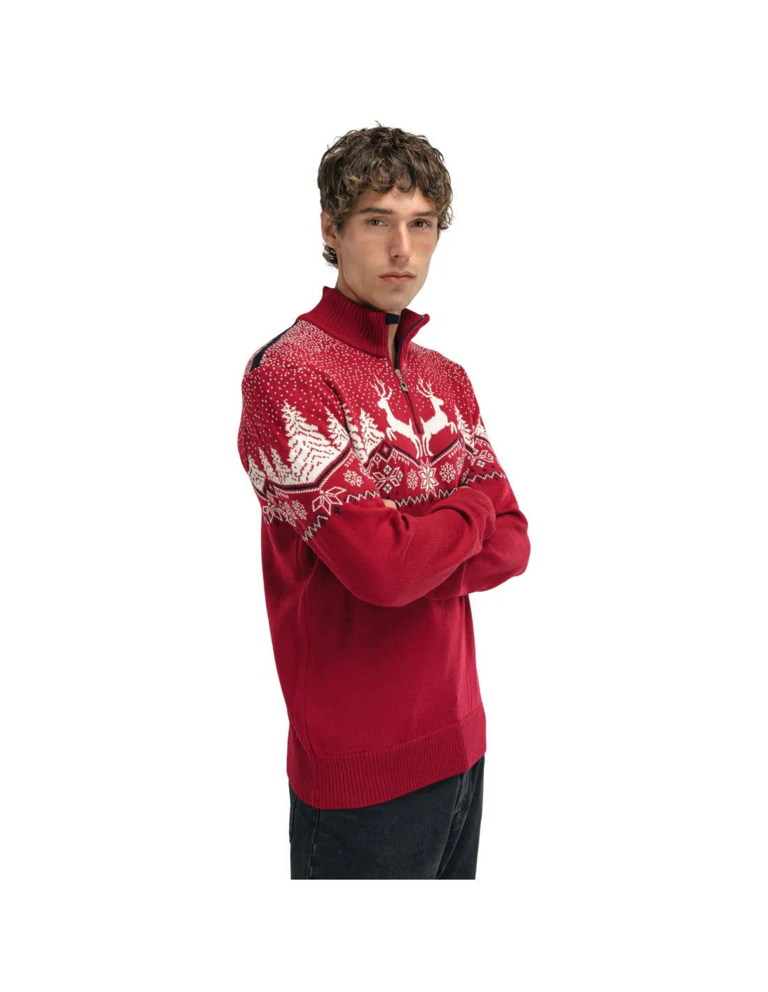 Dale of Norway Christmas Sweater, men’s, Raspberry/Off White/Navy – angled front on model
