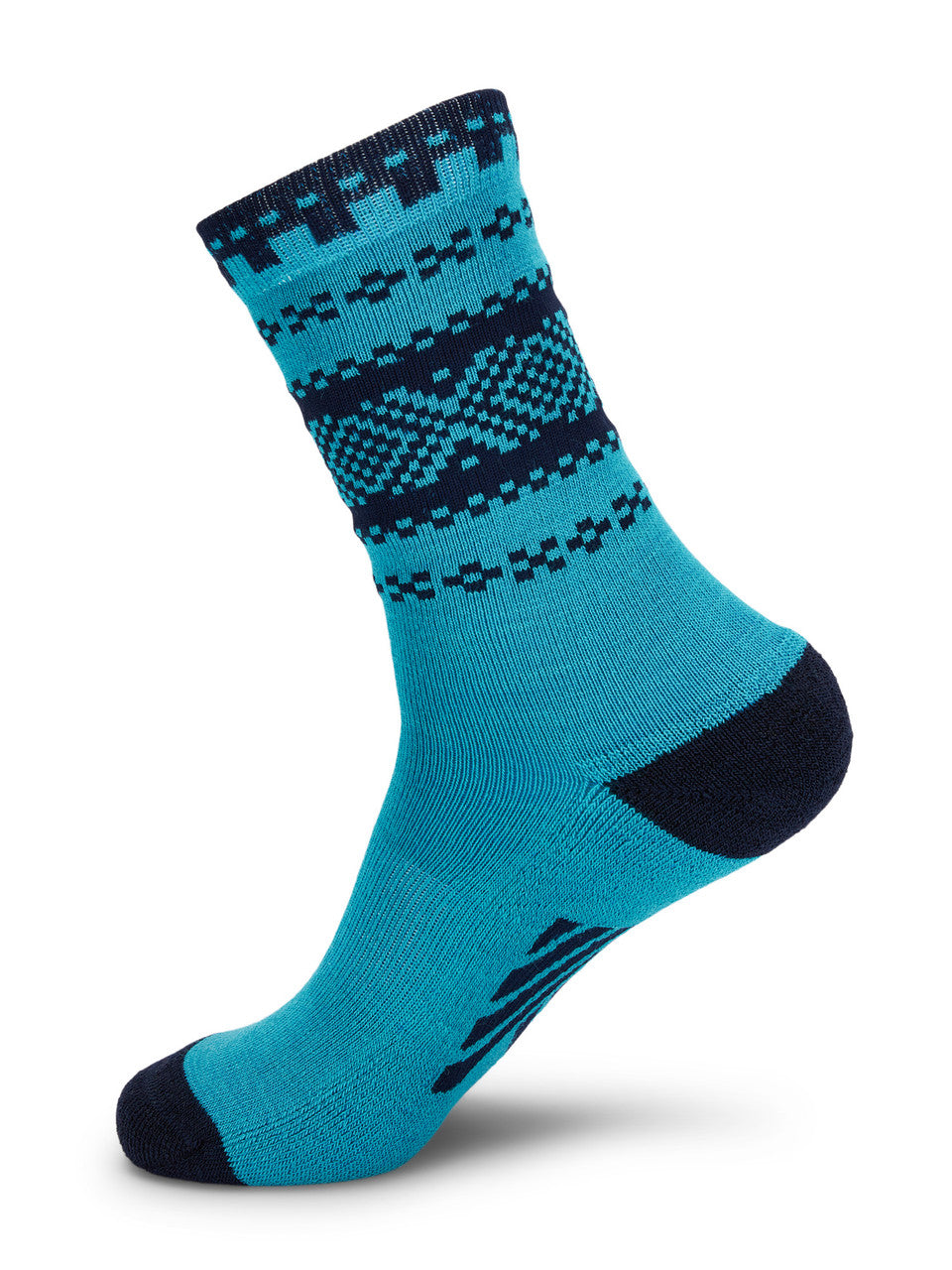 Dale of Norway Cortina unisex crew socks in turquoise and navy, single sock showing the patterned cuff, heel and toe