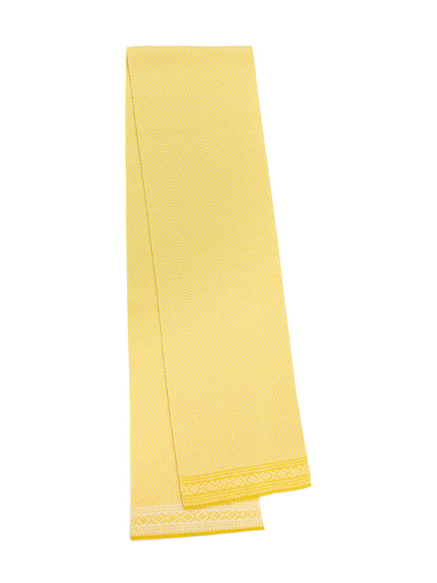 Folded Cortina scarf in Sweet Honey/Off White showing the plain merino knit and Nordic border