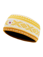 Dystingen headband in Off White/Mustard/Sweet Honey showing the geometric knit and dark inner lining