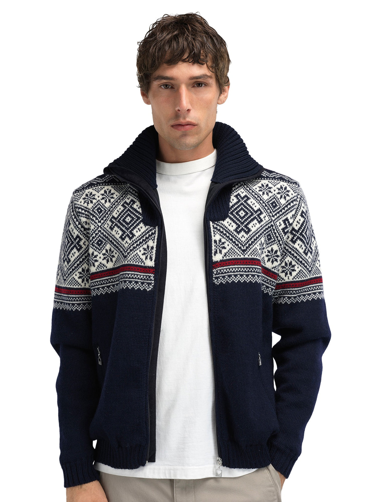 Dale of Norway Hardanger Windproof Jacket, men’s, Navy/Off White/Red Rose – front with jacket open