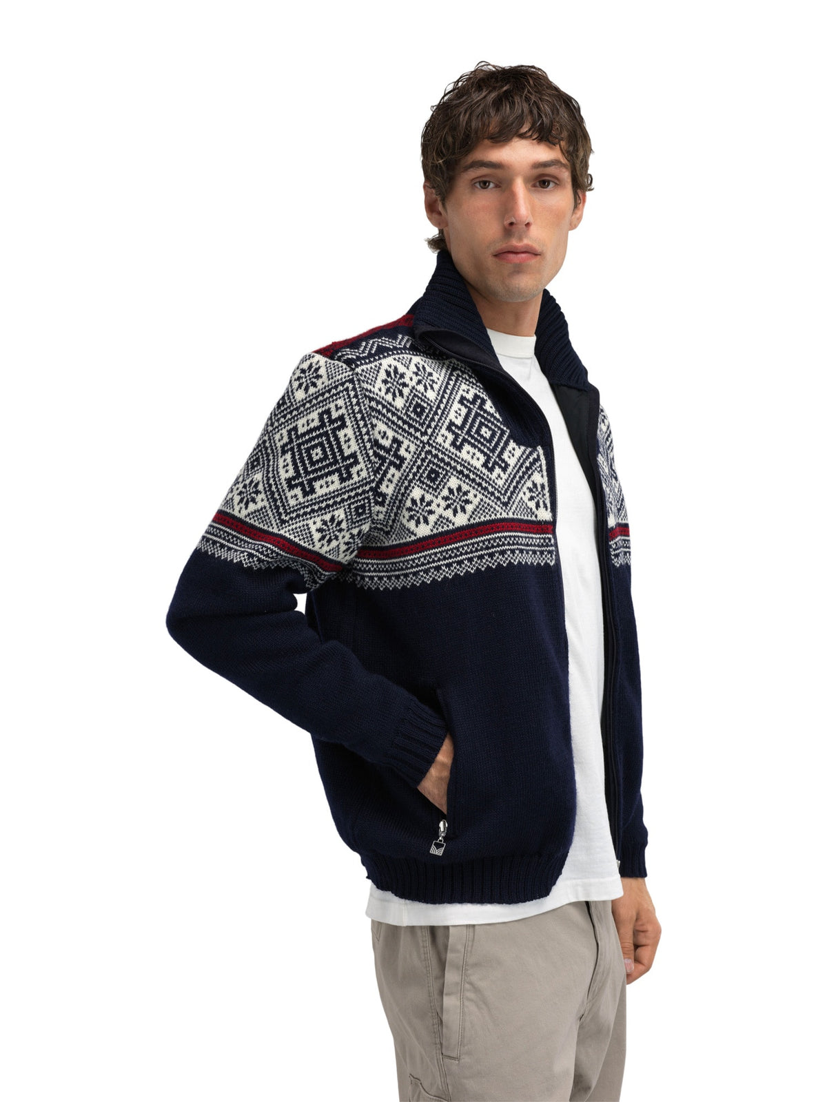 Dale of Norway Hardanger Windproof Jacket, men’s, Navy/Off White/Red Rose – angled front on model