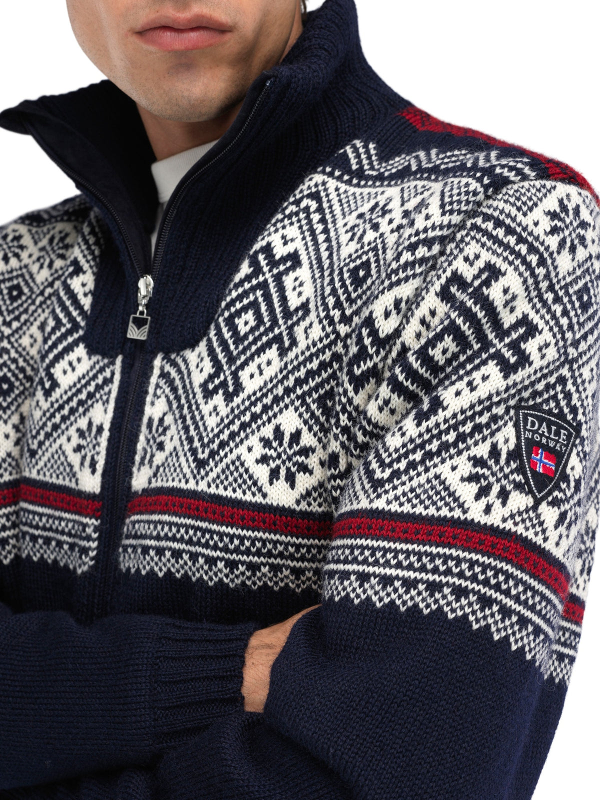 Dale of Norway Hardanger Windproof Jacket, men’s, Navy/Off White/Red Rose – pattern and cuff detail