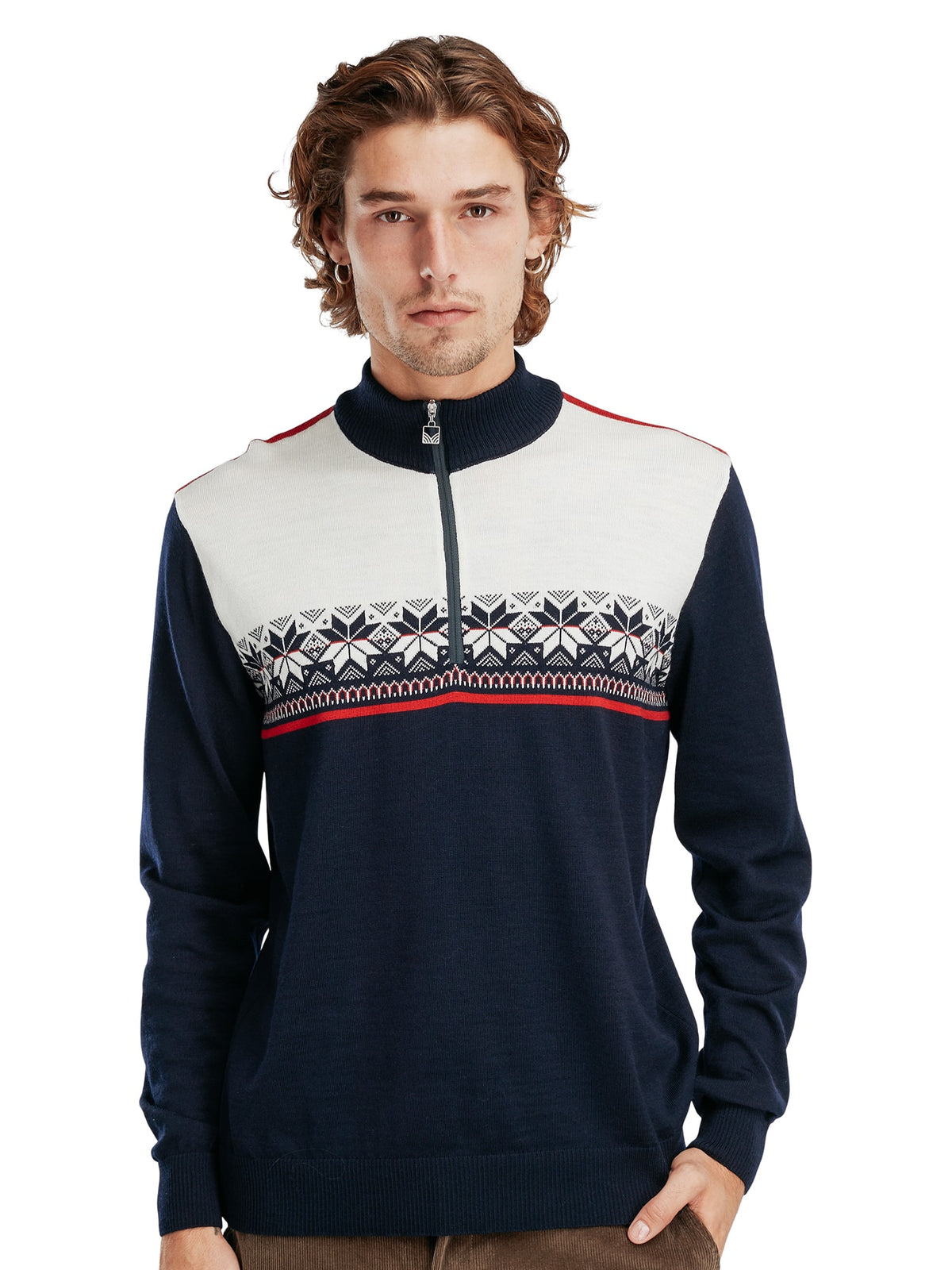 Dale of Norway Liberg Sweater, men’s, Navy/Off White/Raspberry – front on model