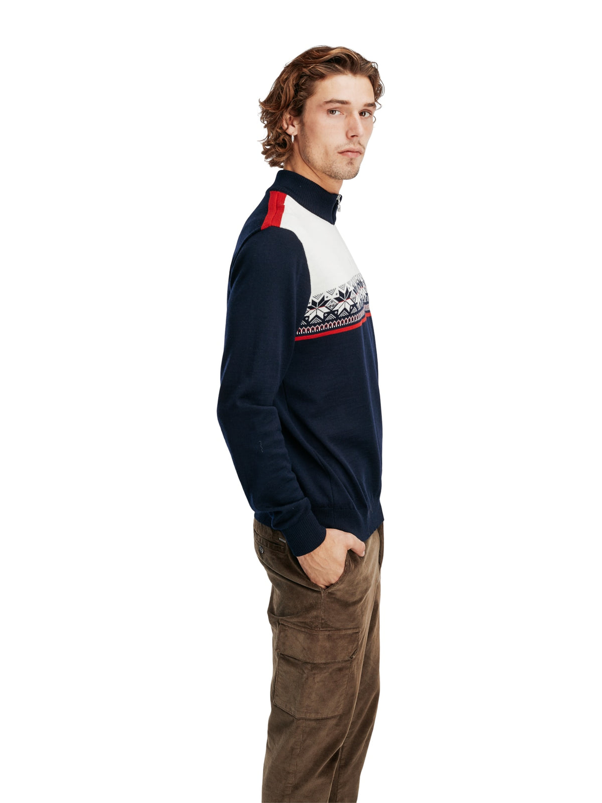 Dale of Norway Liberg Sweater, men’s, Navy/Off White/Raspberry – side on model