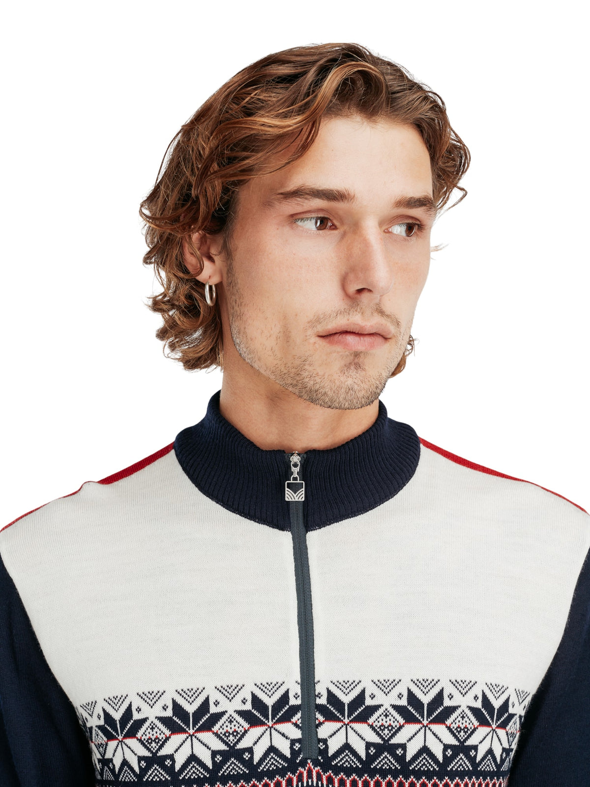 Dale of Norway Liberg Sweater, men’s, Navy/Off White/Raspberry – chest and collar detail