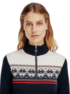 Dale of Norway Liberg Sweater, women’s, Navy/Off White/Raspberry – collar and upper-front detail