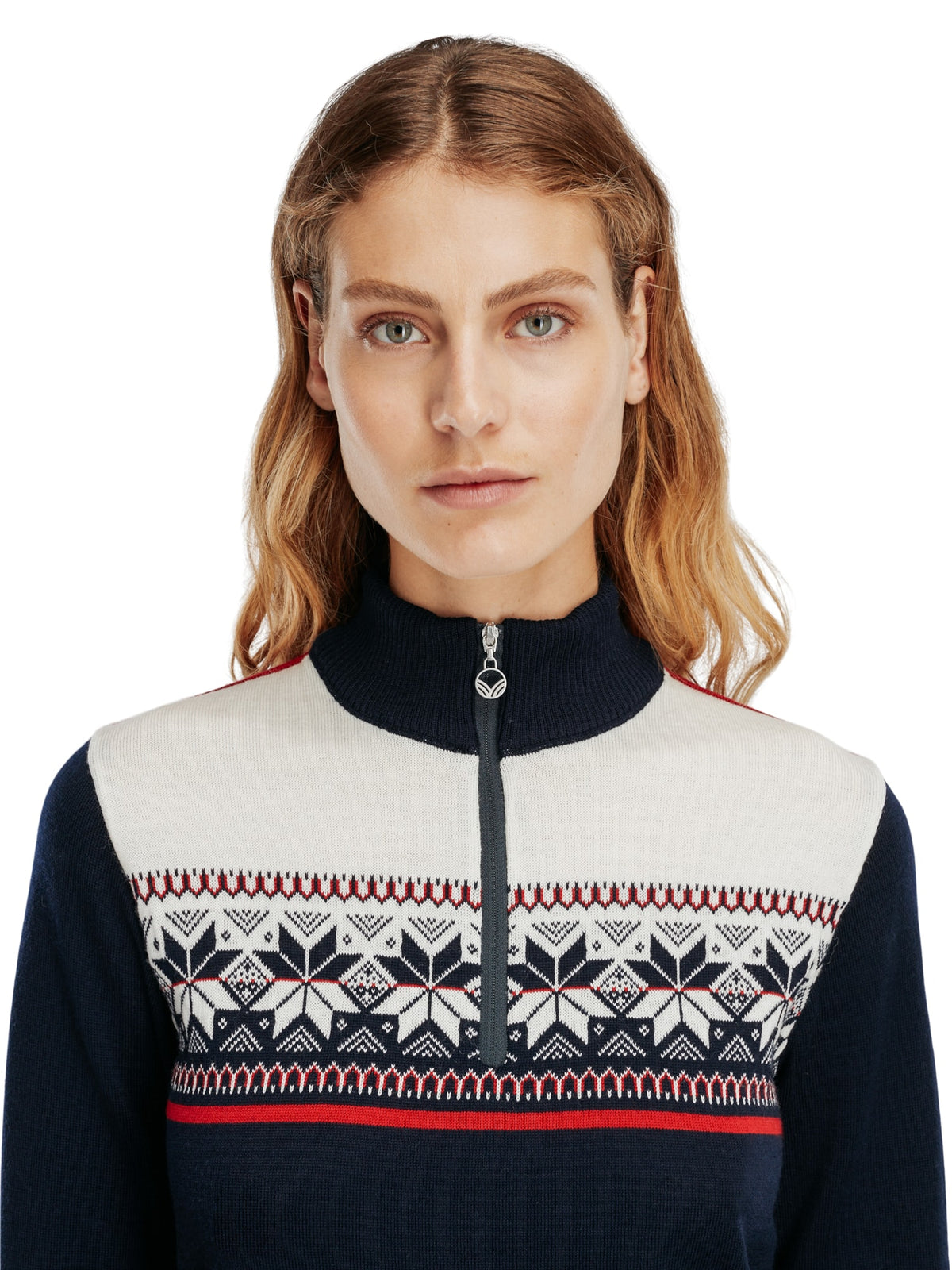 Dale of Norway Liberg Sweater, women’s, Navy/Off White/Raspberry – collar and upper-front detail
