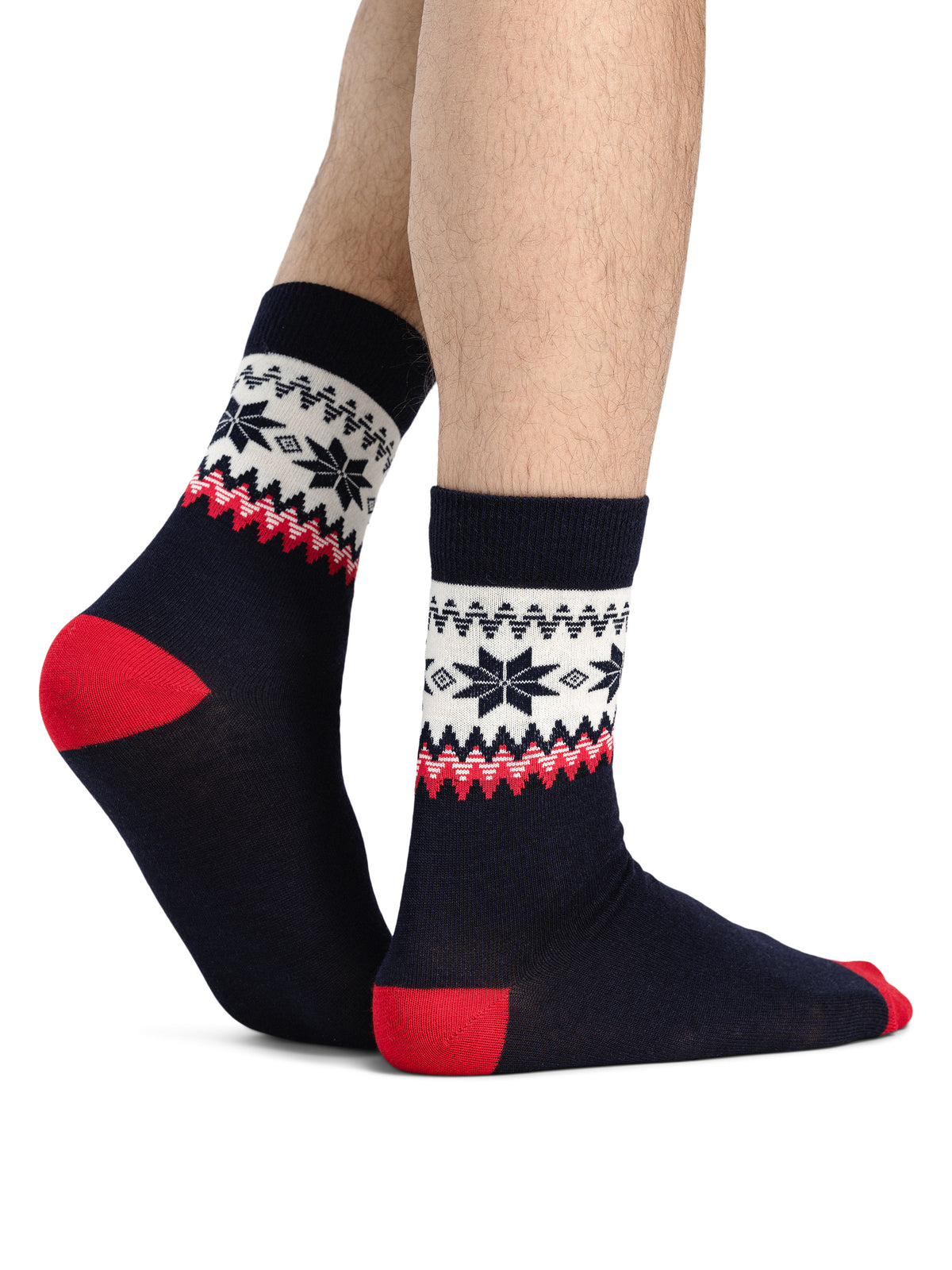 Dale of Norway Myking unisex crew socks in navy, red rose and off-white, pair shown on feet