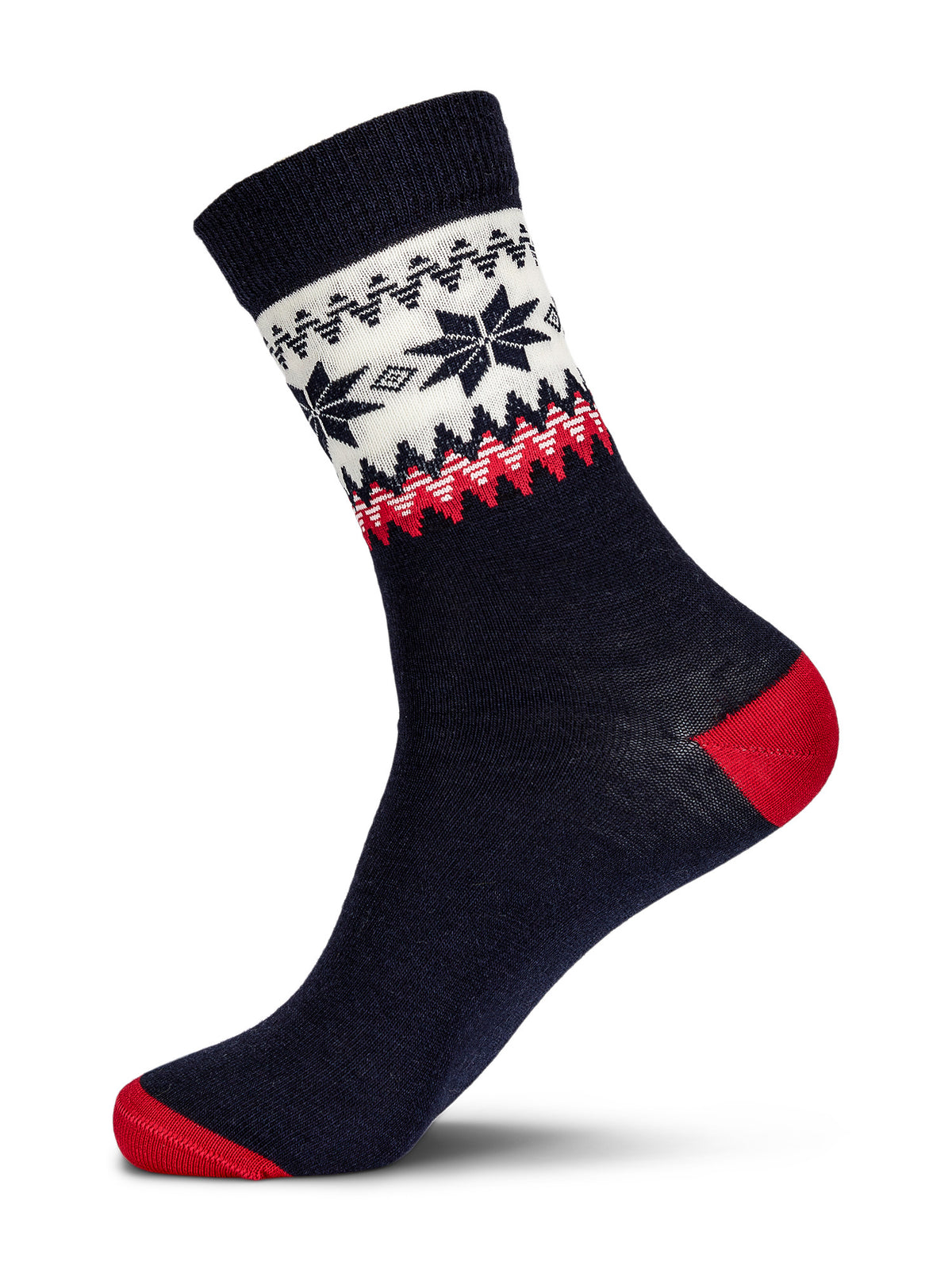 Dale of Norway Myking unisex crew socks in navy, red rose and off-white, single sock showing the rose pattern, heel and toe
