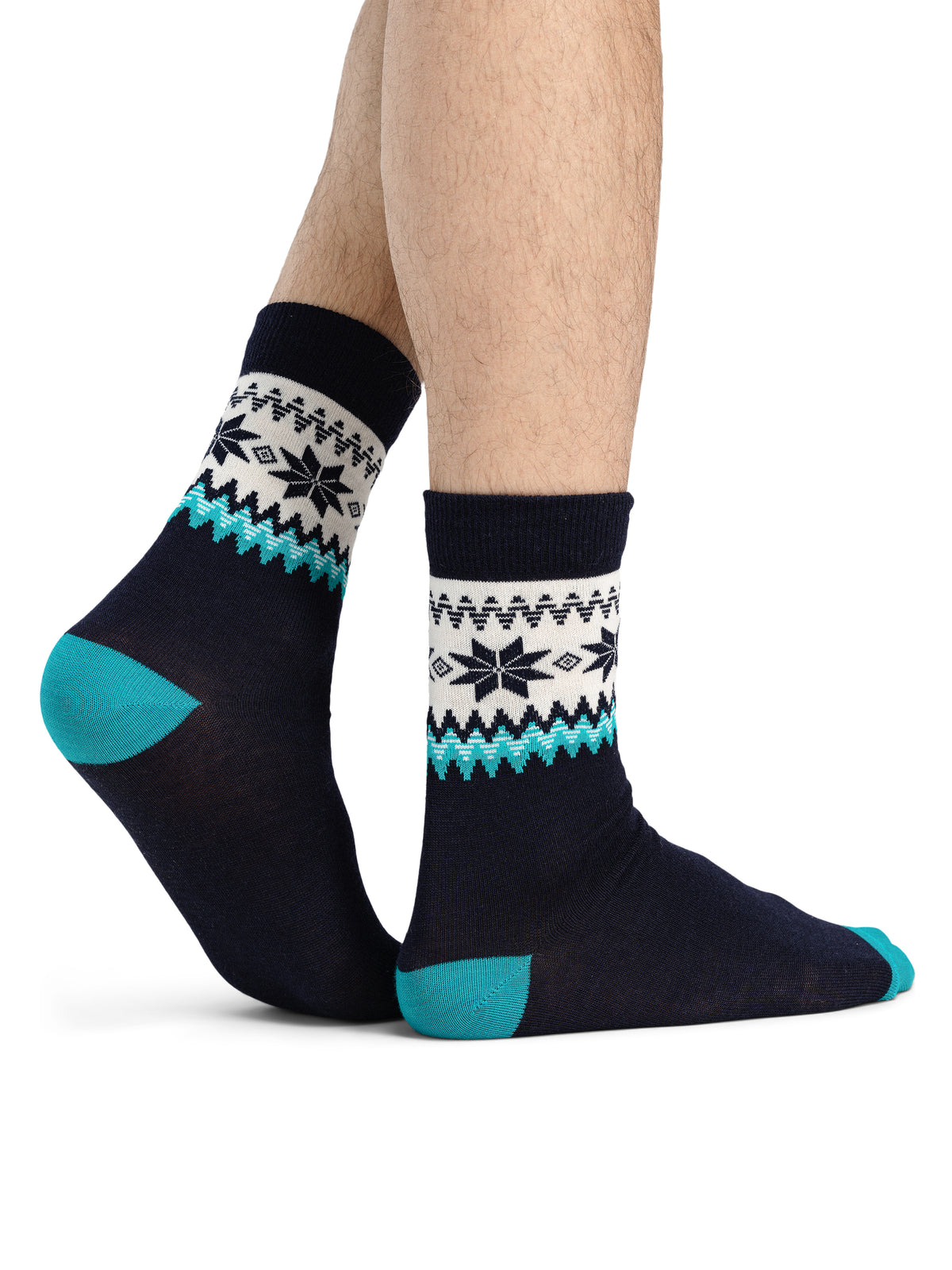Dale of Norway Myking unisex crew socks in navy, turquoise and off-white, pair shown on feet