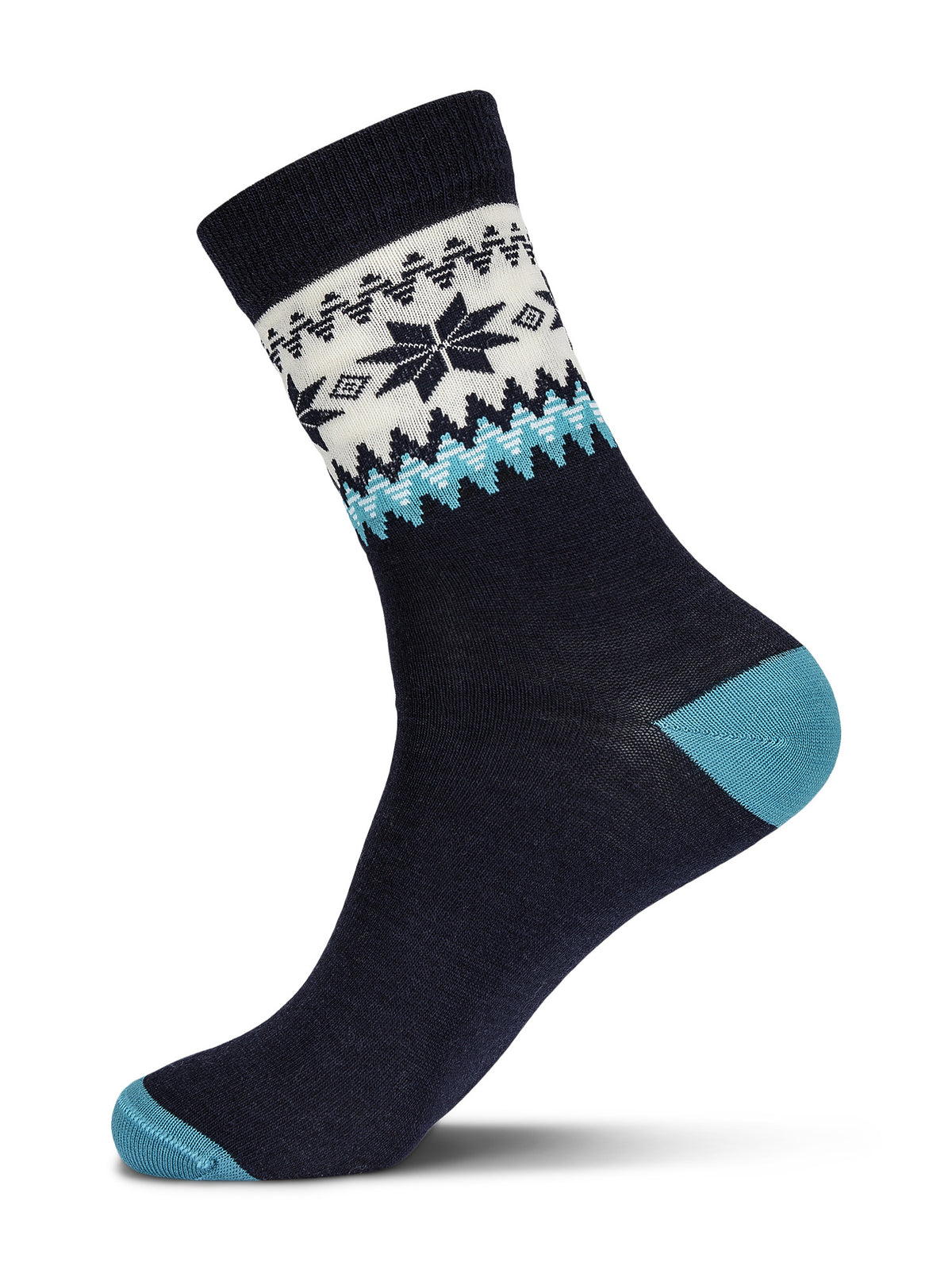 Dale of Norway Myking unisex crew socks in navy, turquoise and off-white, single sock showing the rose pattern, heel and toe