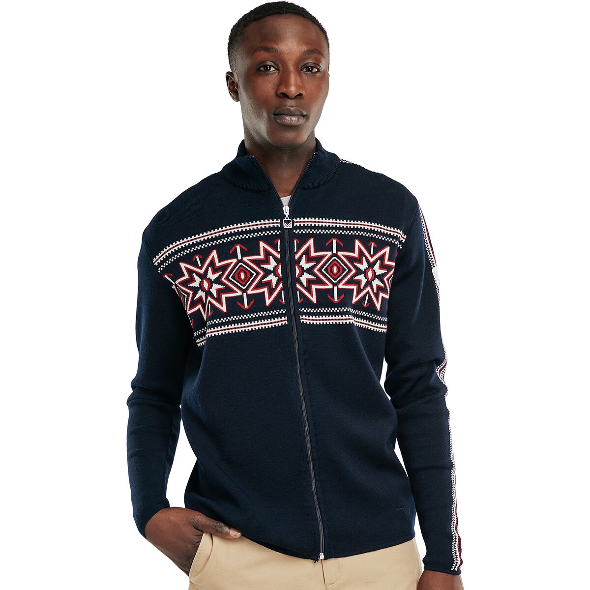 Olympia men's jacket in Navy/Off White/Raspberry worn from the front