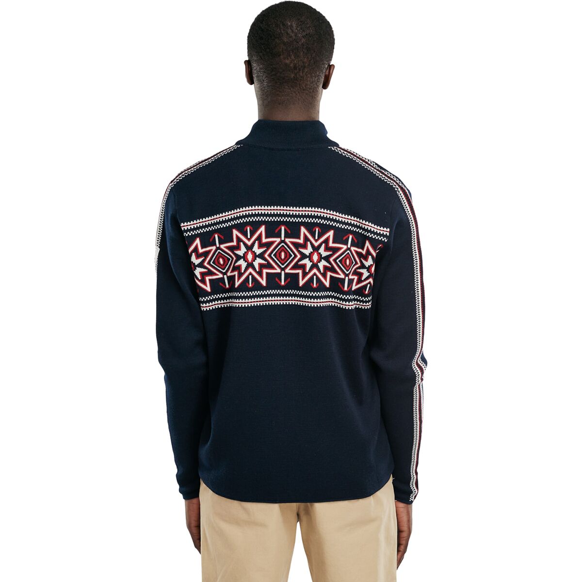 Back view of the Olympia men's jacket in Navy/Off White/Raspberry showing the Nordic shoulder pattern