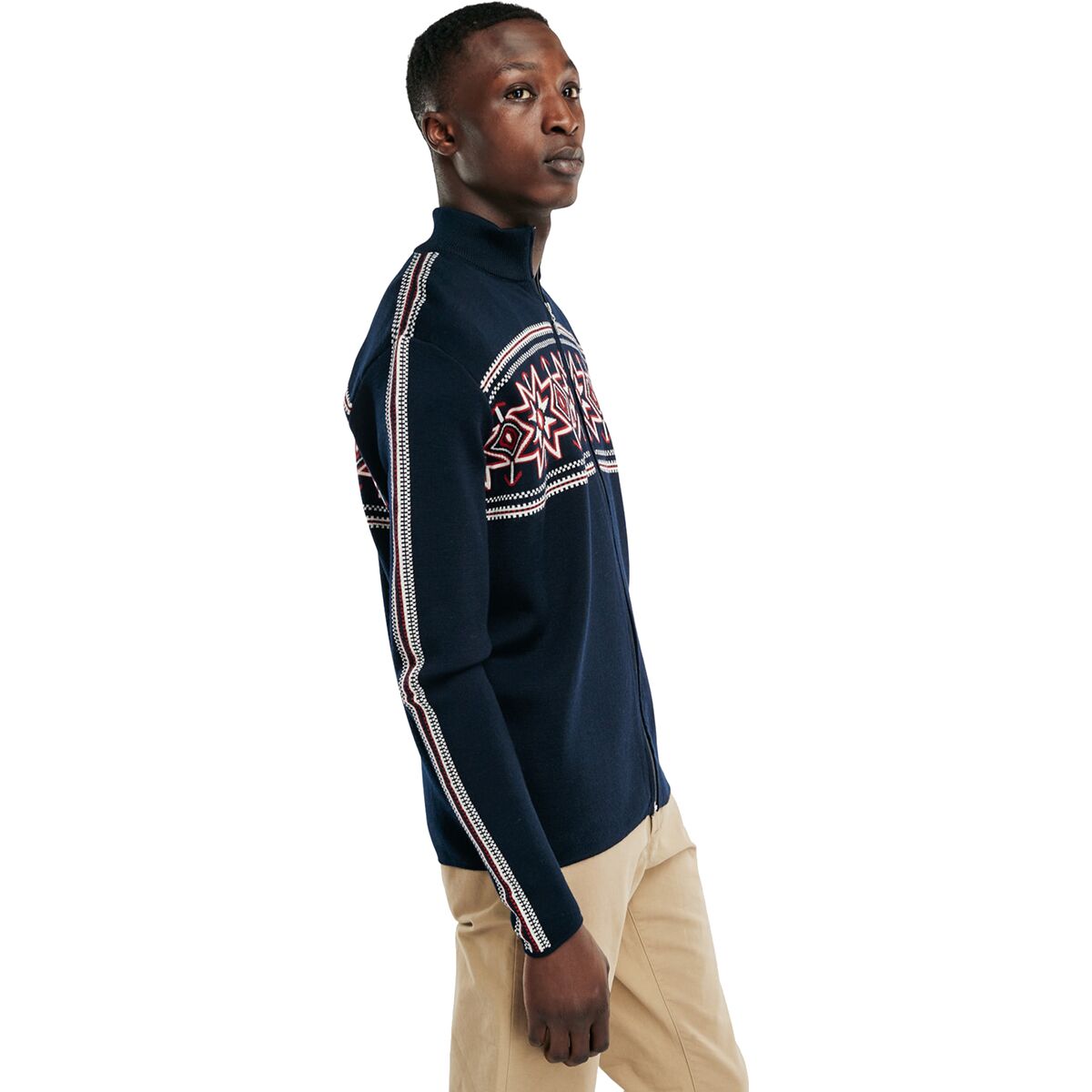Side view of the Olympia men's jacket in Navy/Off White/Raspberry showing the striped sleeve and hip-length fit