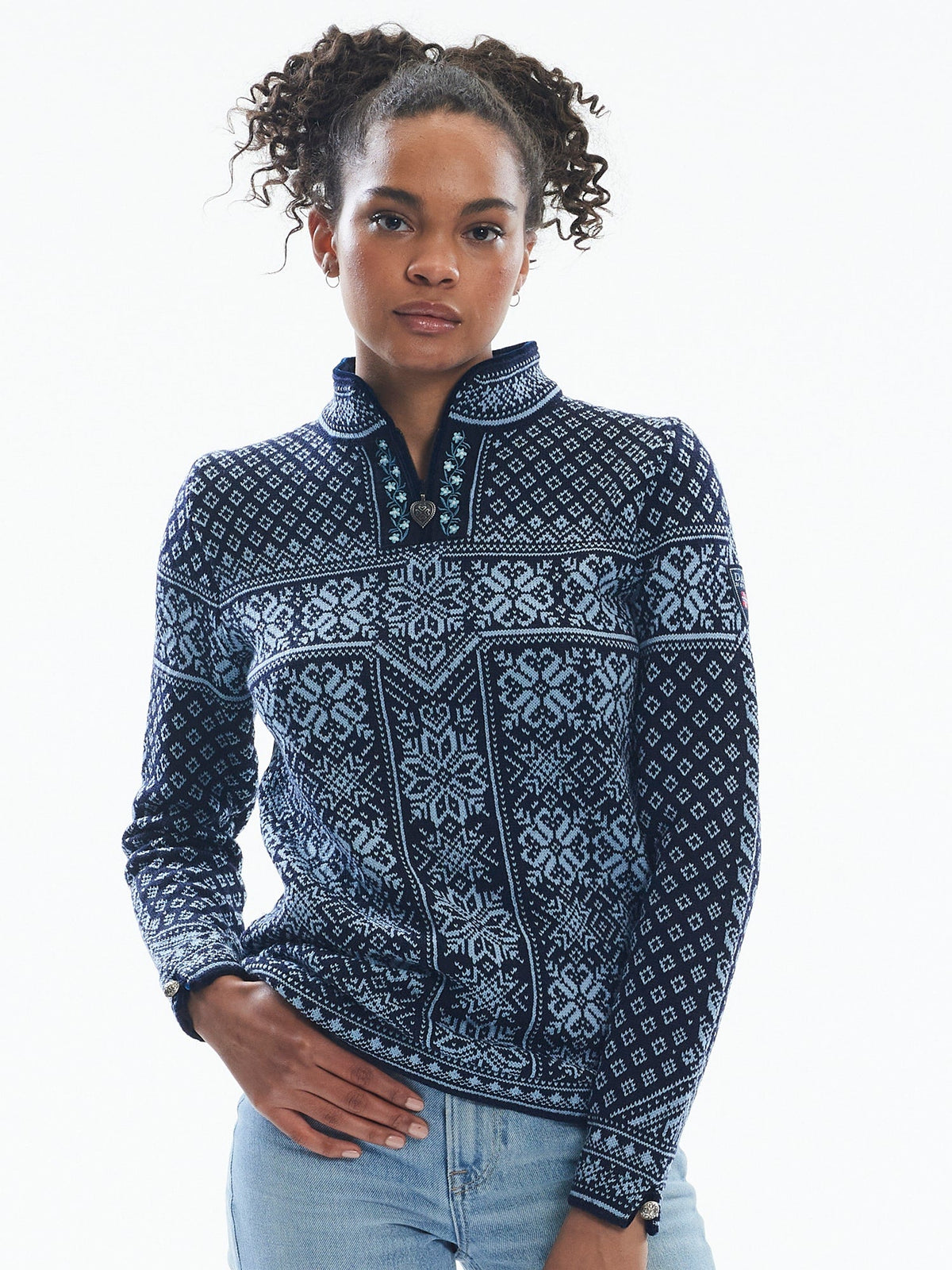 Dale of Norway Peace Sweater, women’s, Navy/Ice Blue – front on model
