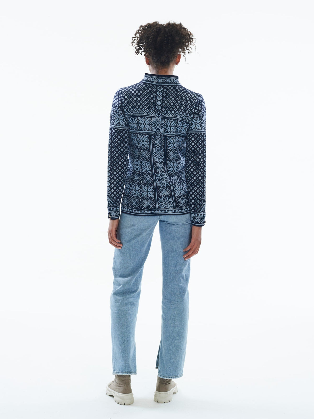 Dale of Norway Peace Sweater, women’s, Navy/Ice Blue – back on model
