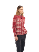 Dale of Norway Peace Sweater, women’s, Red Rose/Off White – side on model