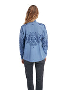 Dale of Norway Rosendal Sweater, women’s, Blue Shadow/Indigo – back on model