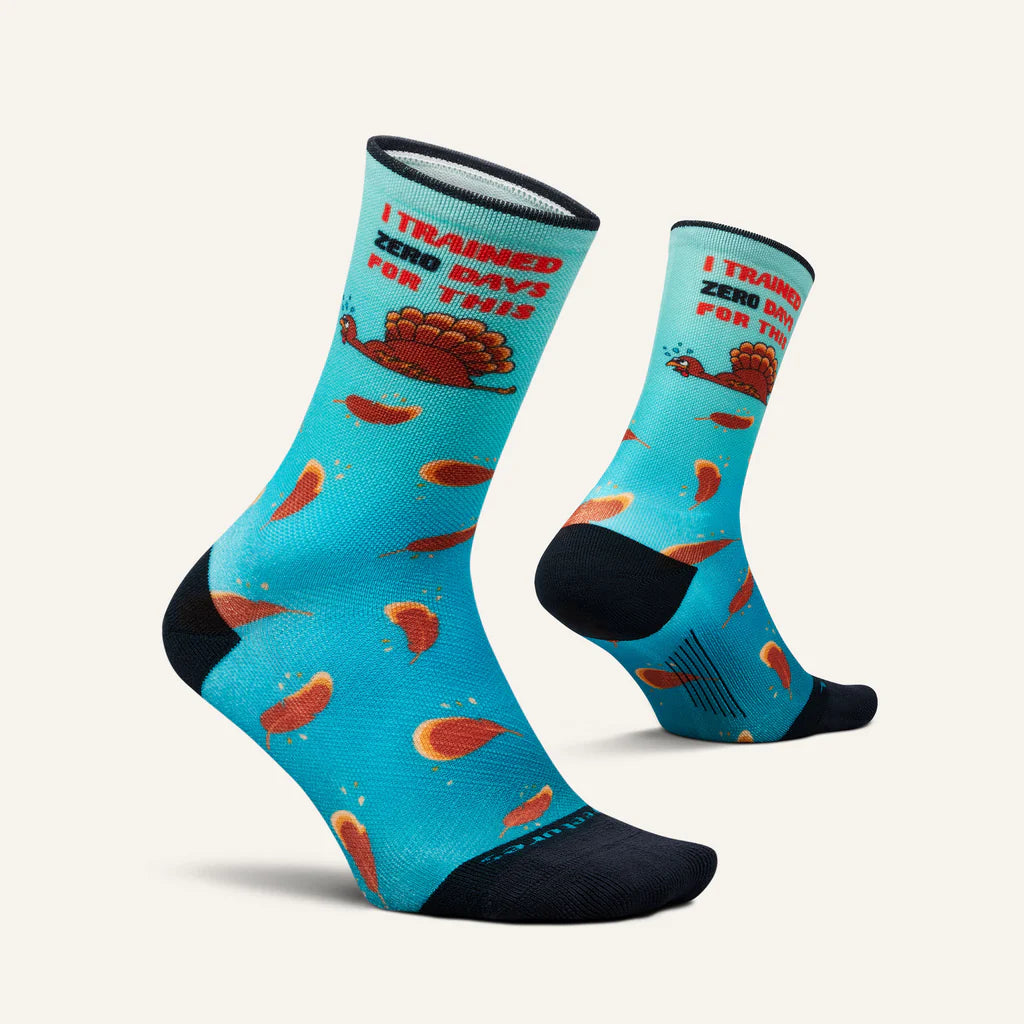 Feetures Elite Light Cushion Mini Crew. Teal/Turkey print.