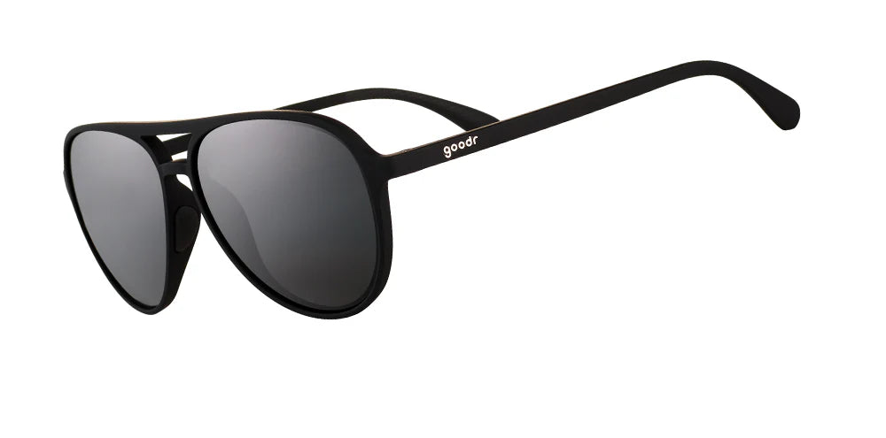 goodr mach g sunglasses. Black. Front/Lateral view.