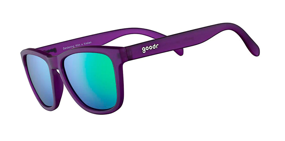 Goodr Sunglasses. OG. Purple. Front/Lateral View.