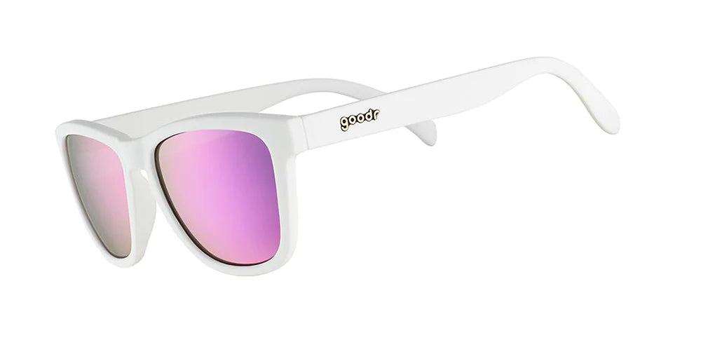 Goodr Sunglasses. OG. White with purple lenses. Front/Lateral View.