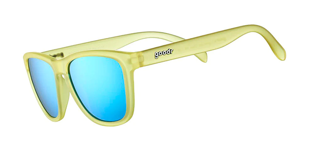 Goodr Sunglasses. OG. Light Green with Blue Lenses. Front/Lateral View.