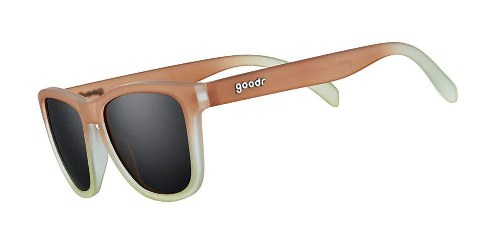 Goodr Sunglasses. OG. Brown and White. Front/Lateral View.